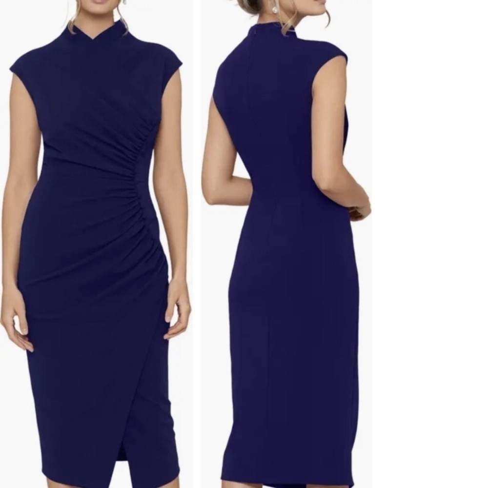 Betsy & Adam Navy Blue Ruched Midi Dress